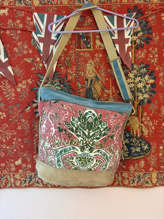 Lucky Brand Handbags - Lucky Brand Pink and Green XL Canvas Leather Shoulder Bag with Tan Suede Trim
